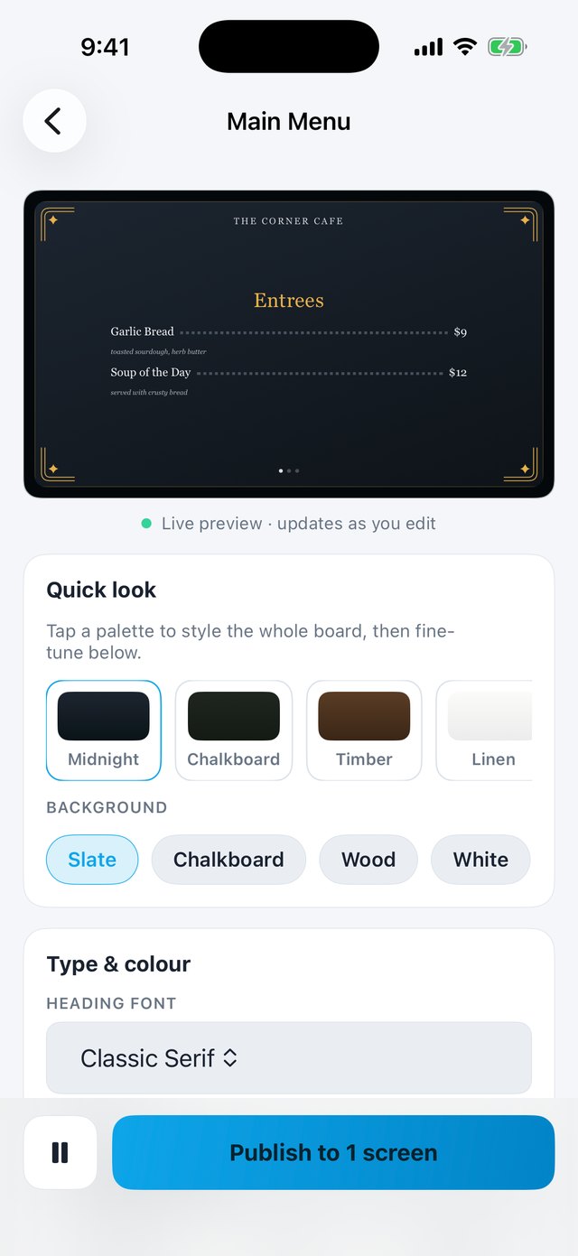 Menu editor with live TV preview