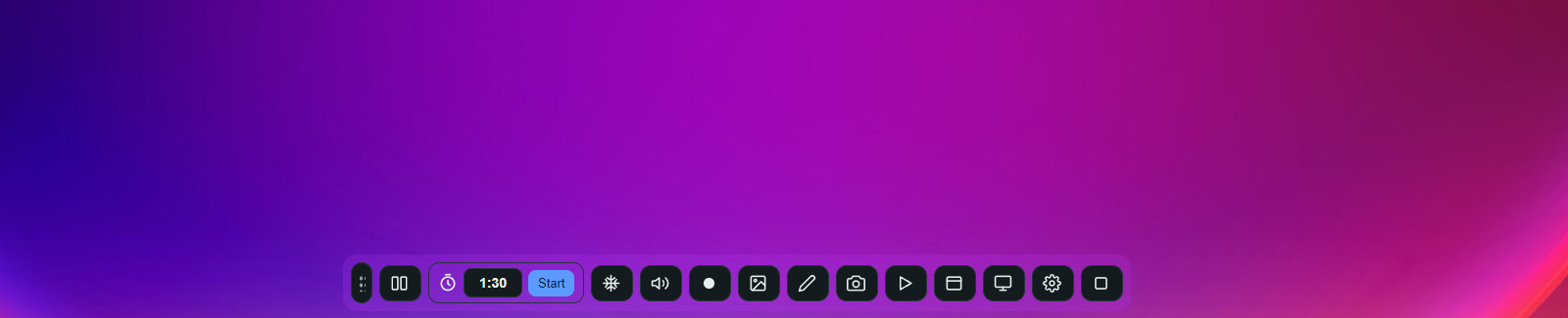 The AVHUD Cast floating control bar during a live cast — timer, freeze, audio, record, image and PDF presenter, annotation pen, snapshot and more
