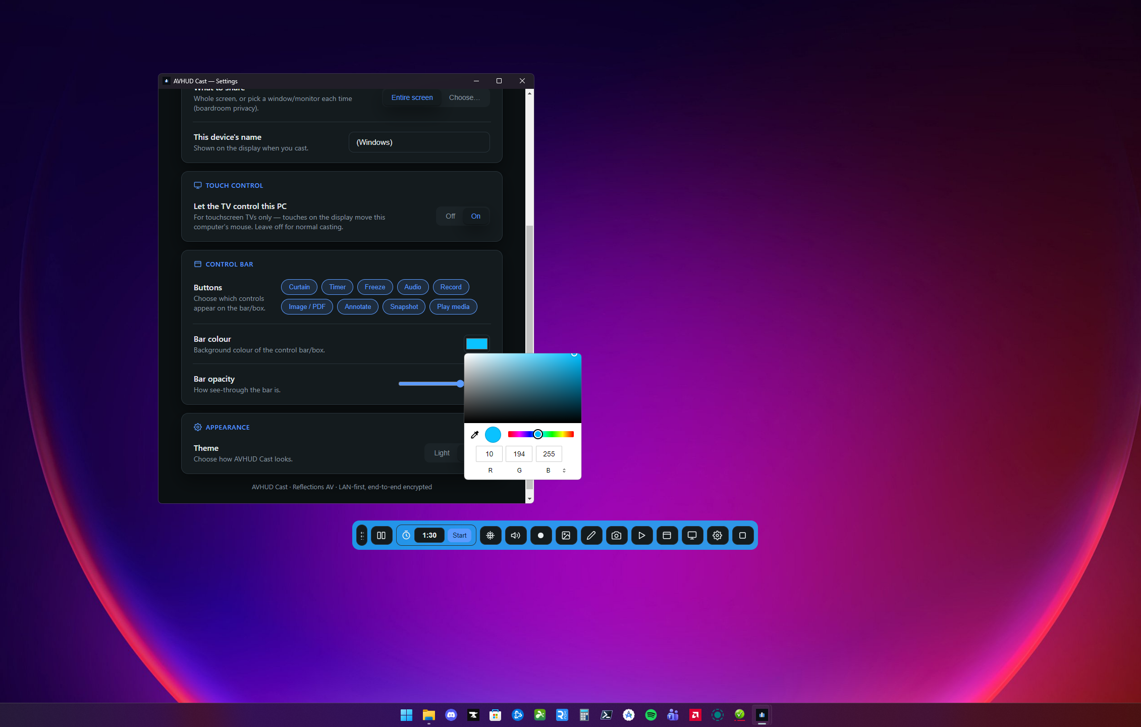 AVHUD Cast control bar customisation — choosing a toolbar colour with the colour picker, every button enabled