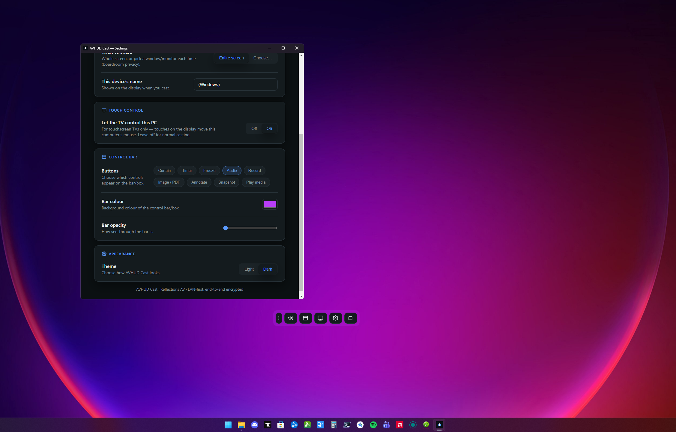 AVHUD Cast minimal toolbar — buttons removed in settings for a clean, stripped-back control bar