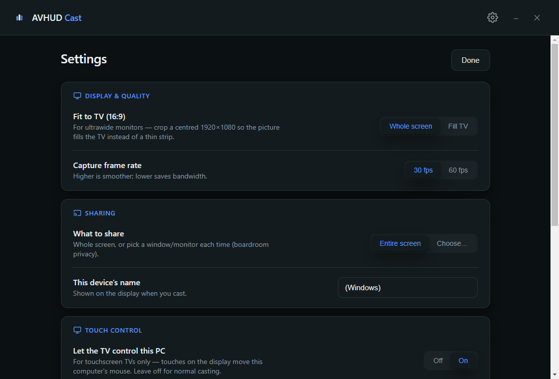 AVHUD Cast settings — display quality, frame rate and screen sharing options