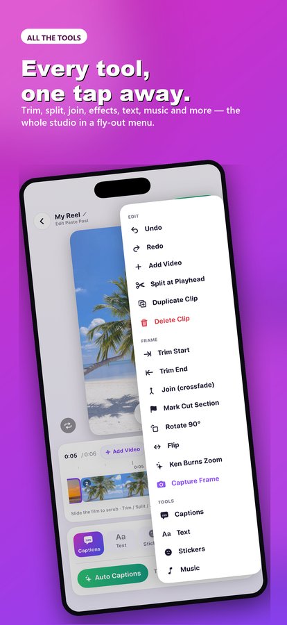 Cinematic transitions and effects in the one-time purchase video editing app