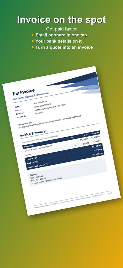 Professional GST tax invoice PDF created on iPhone with the tradie invoice app