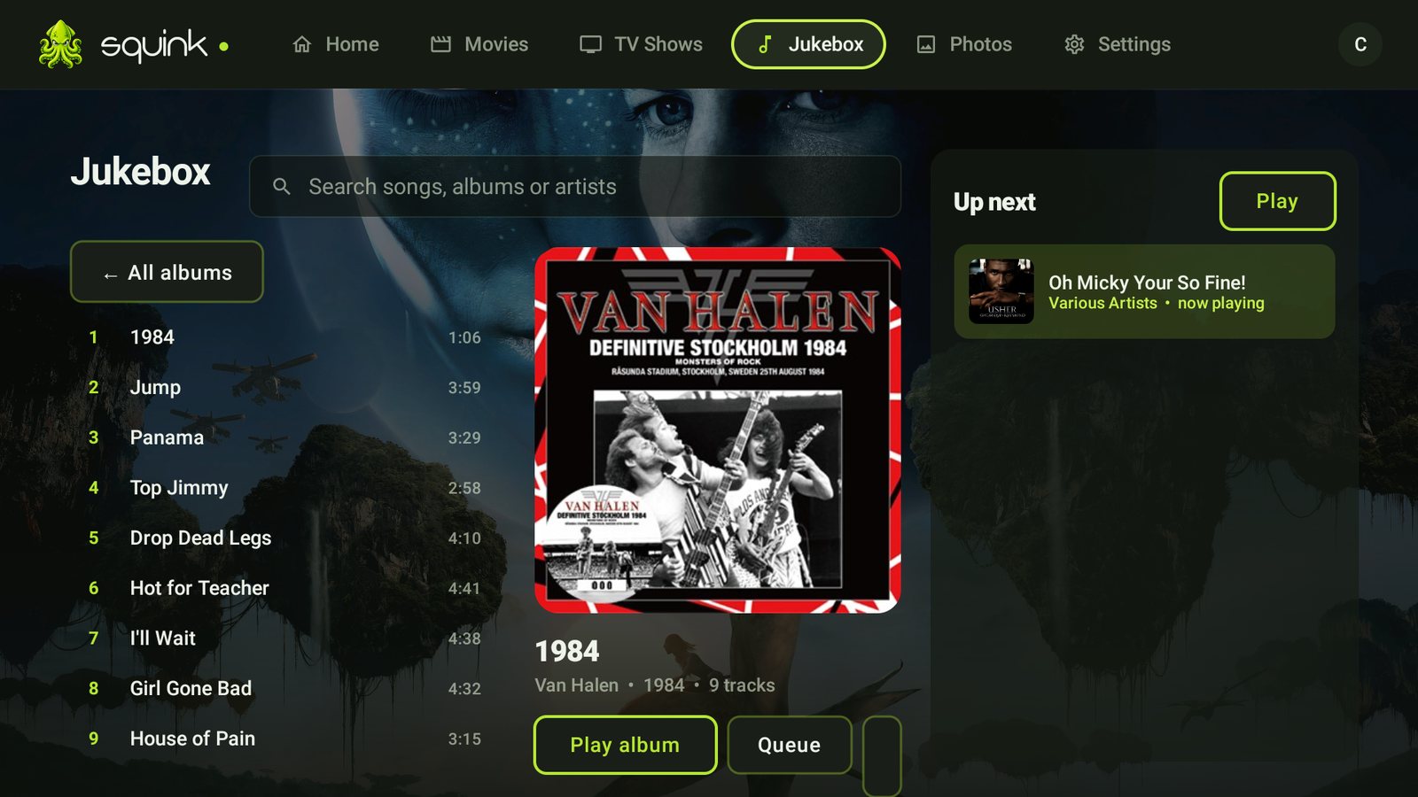 An album open in the Squink Jukebox with per-song queueing and playlists